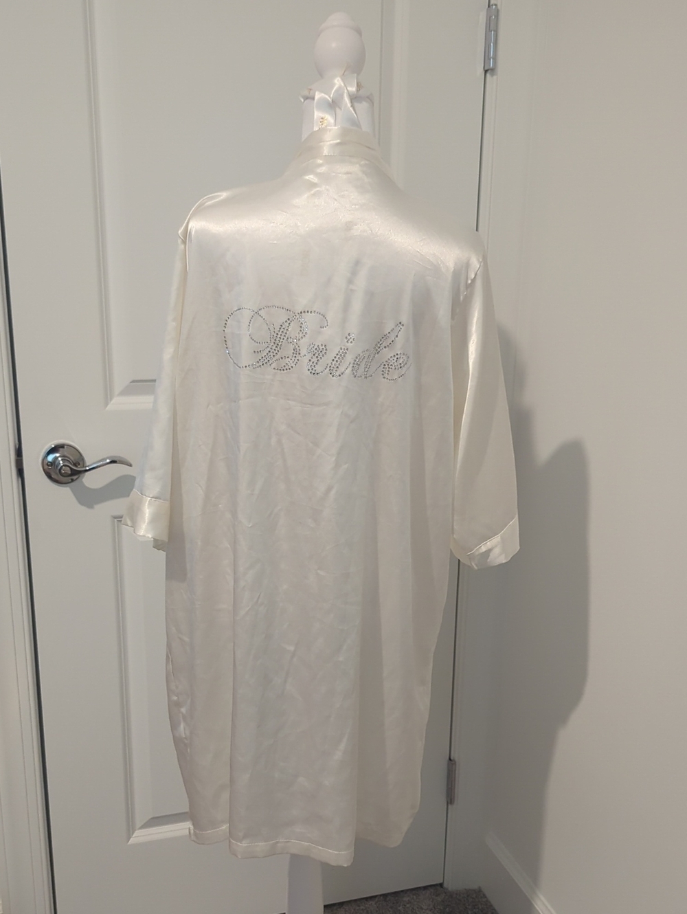 Bride Satin Robe in Ivory with Rhinestone Script